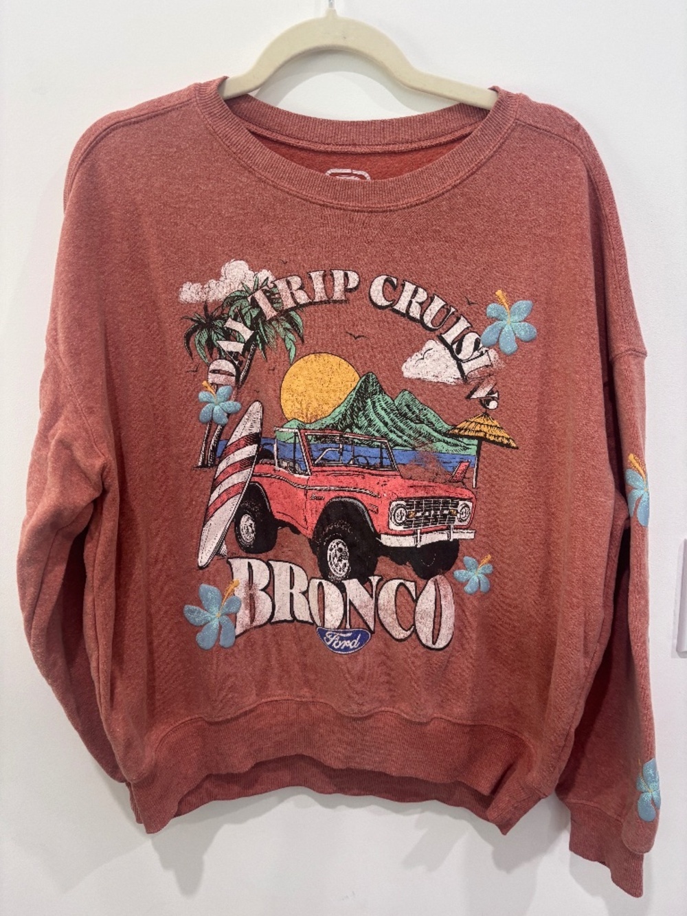 Ford Bronco Sweatshirt Medium Pink Tropical Graphic Raised Flower Pullover